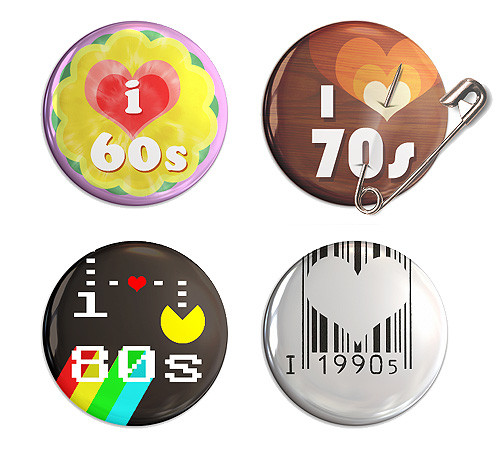 Music pin badges: Music by decade